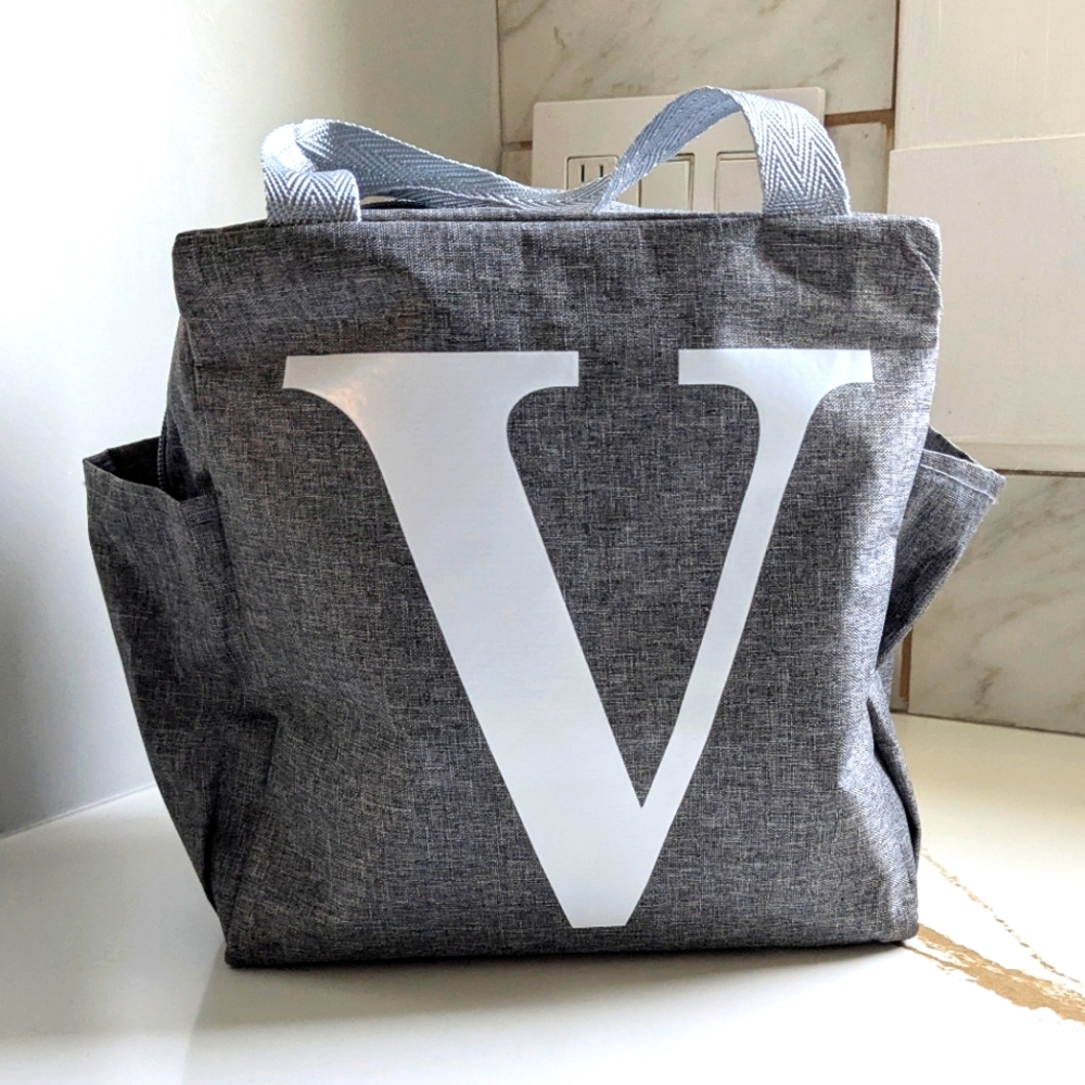 Gray Tote/Lunch Bag with White Letter V